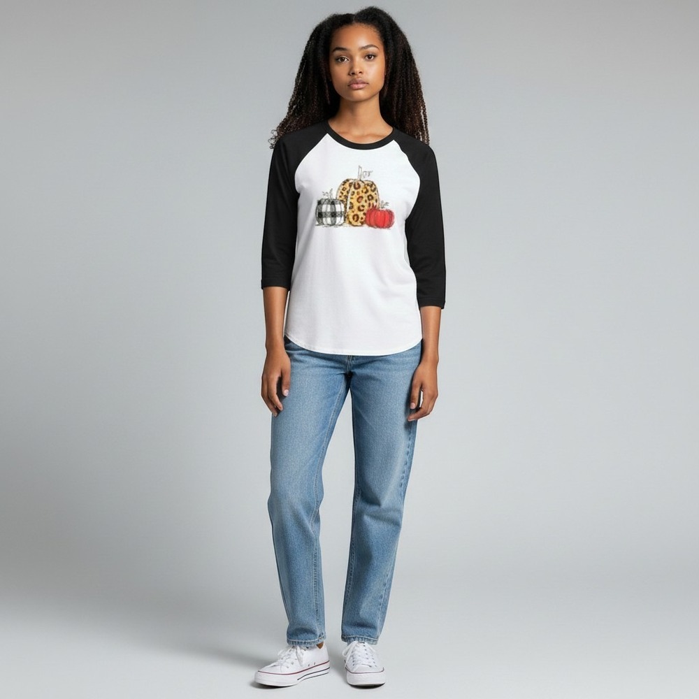 Womens Pumpkin Leopard Buffalo Plaid Raglan Baseball Tee Black White Large New